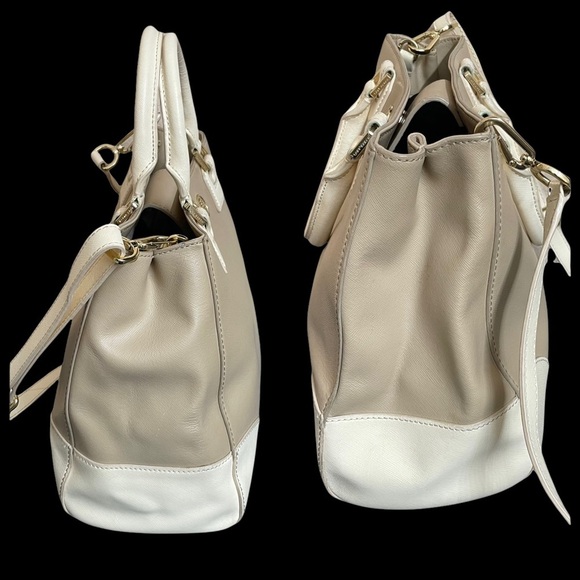 Tory Burch East West Robinson Satchel Tote Color Block Mid Camel Ivory - Picture 4 of 14